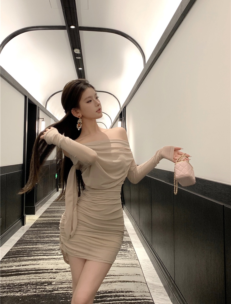 Fold irregular package hip chiffon long sleeve dress