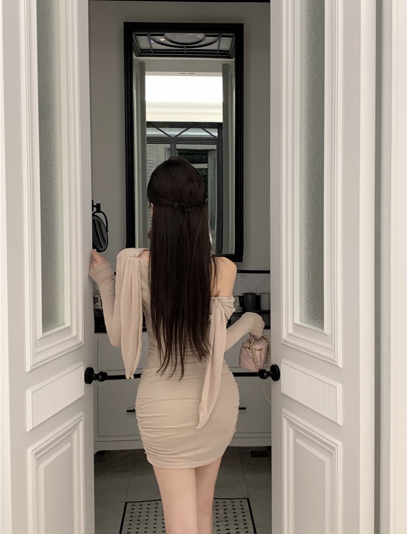 Fold irregular package hip chiffon long sleeve dress