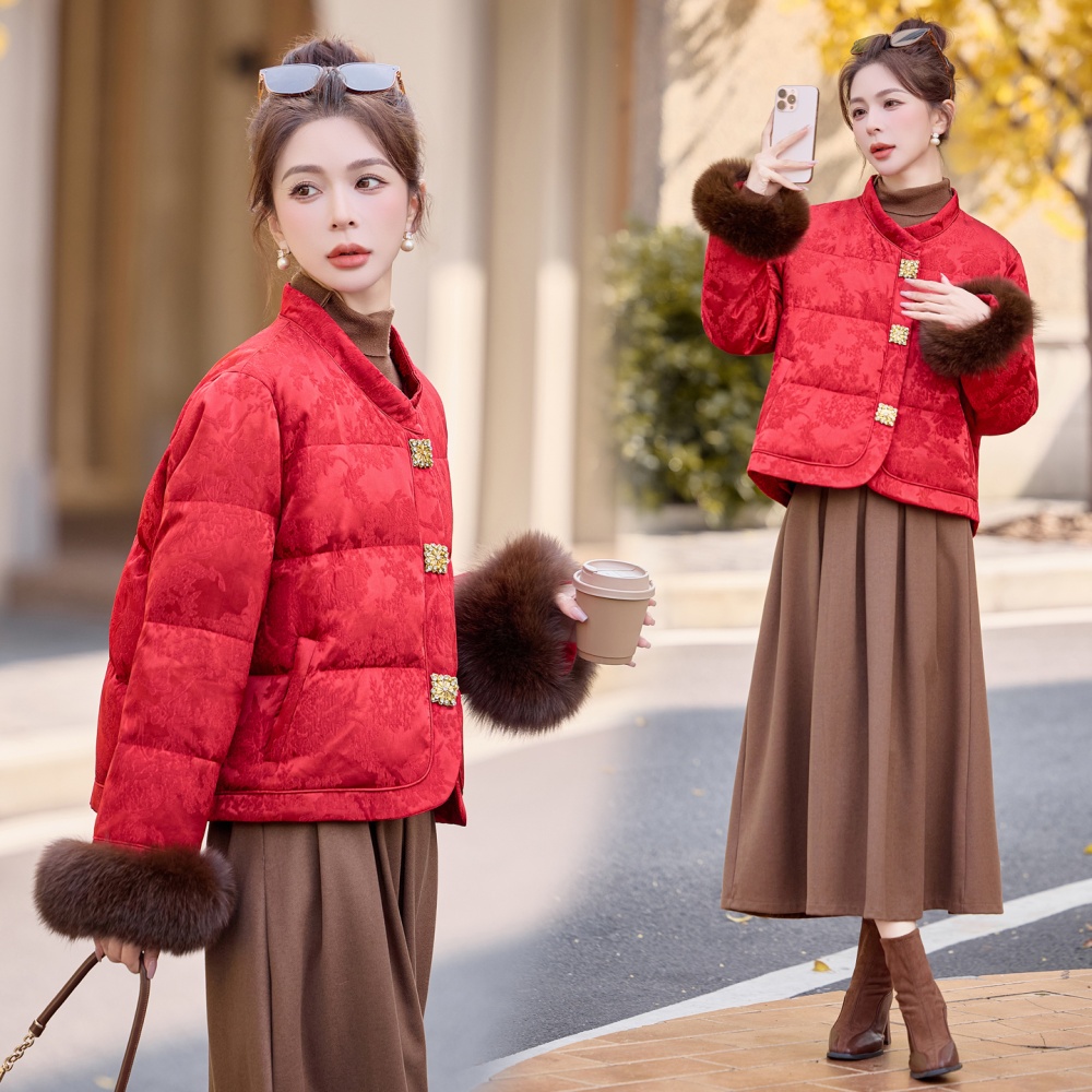 Winter jacquard Chinese style duck down down fox fur coat
