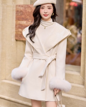 Duck down fox fur hooded winter jacquard splice overcoat