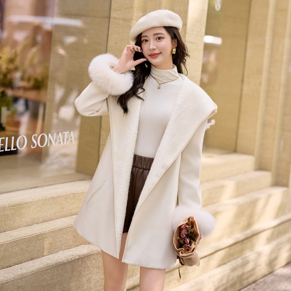 Duck down fox fur hooded winter jacquard splice overcoat