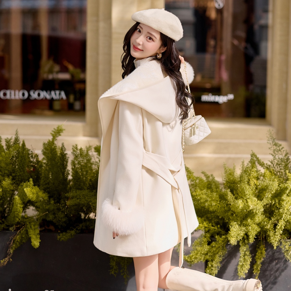 Duck down fox fur hooded winter jacquard splice overcoat