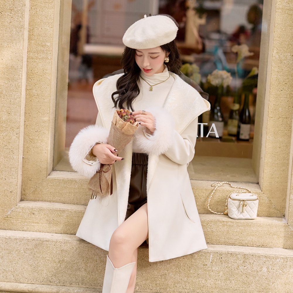 Duck down fox fur hooded winter jacquard splice overcoat