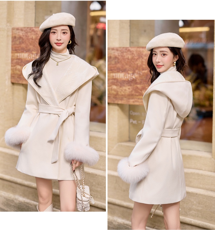 Duck down fox fur hooded winter jacquard splice overcoat