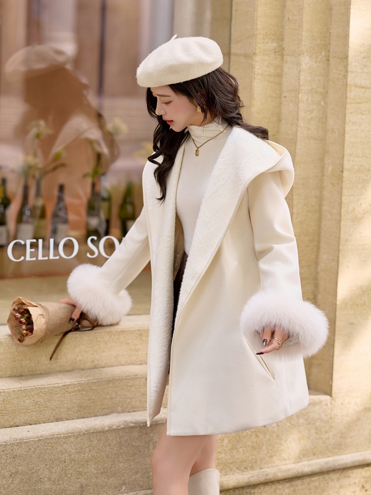 Duck down fox fur hooded winter jacquard splice overcoat