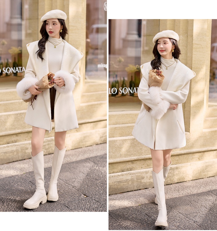 Duck down fox fur hooded winter jacquard splice overcoat