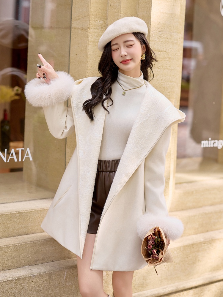 Duck down fox fur hooded winter jacquard splice overcoat