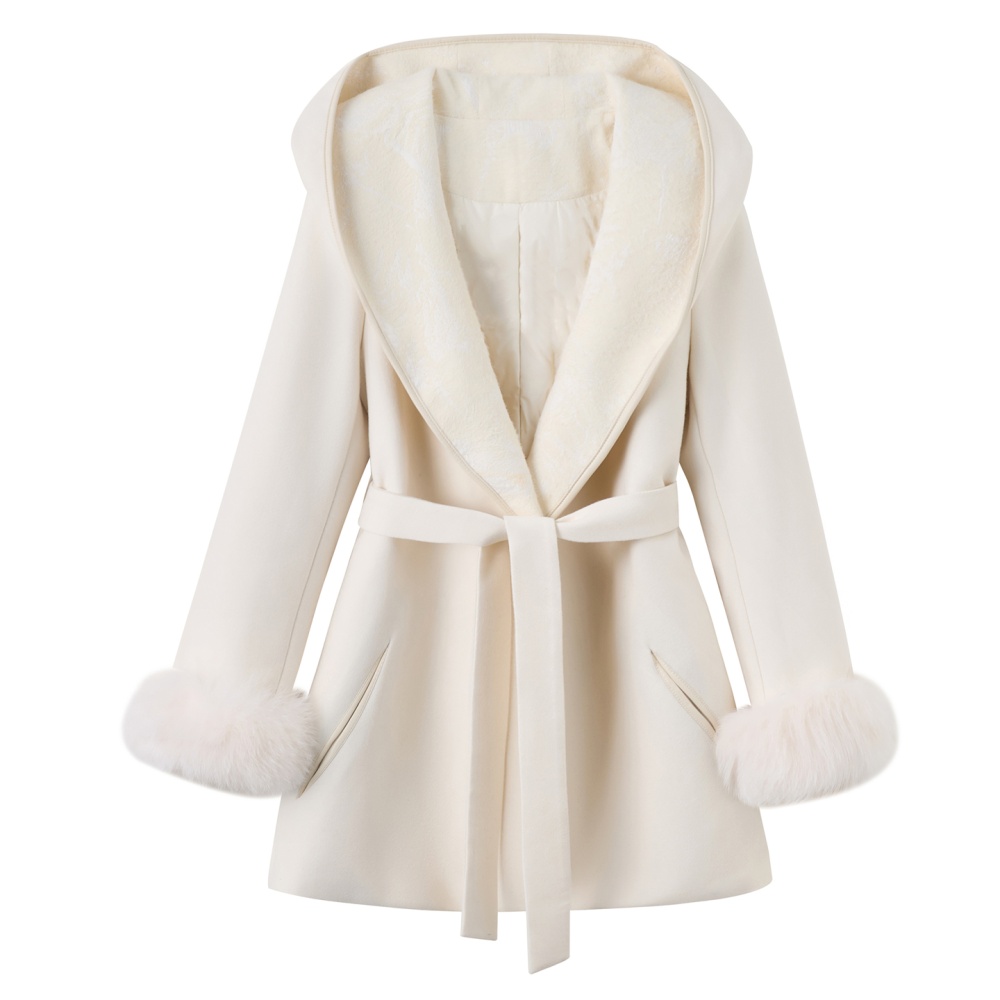 Duck down fox fur hooded winter jacquard splice overcoat