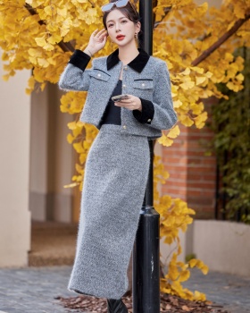 France style lapel jacket winter long skirt 2pcs set