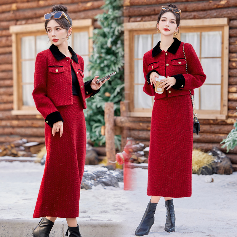 France style lapel jacket winter long skirt 2pcs set