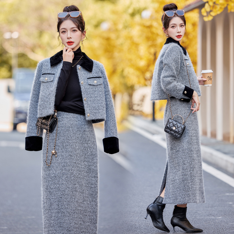 France style lapel jacket winter long skirt 2pcs set