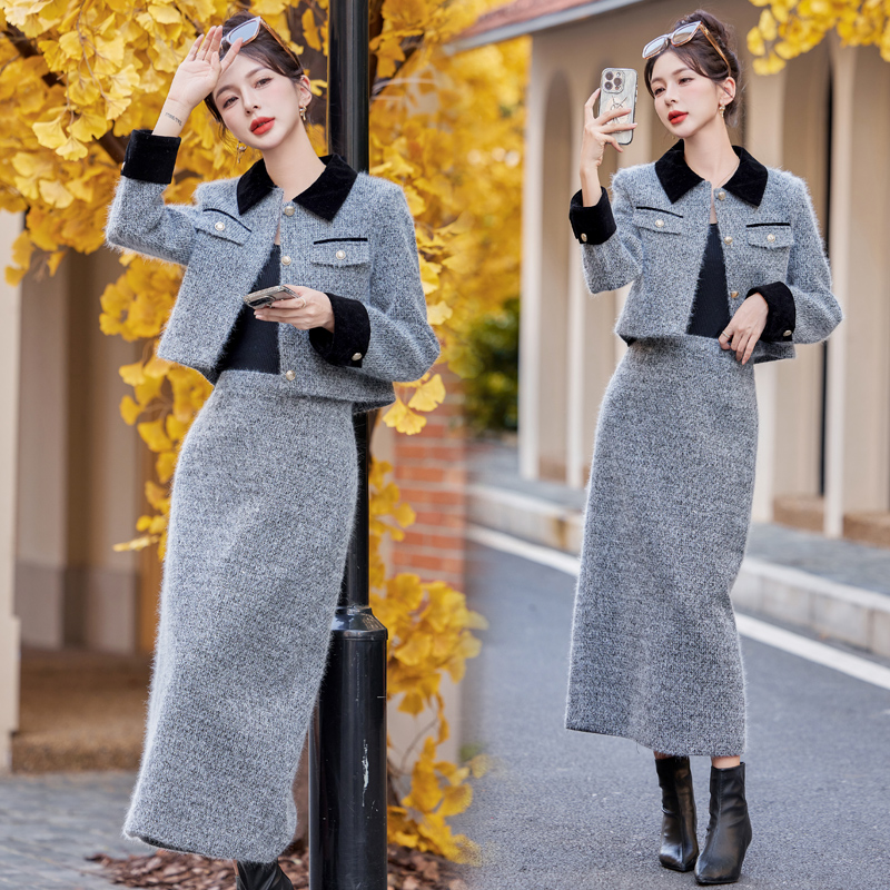 France style lapel jacket winter long skirt 2pcs set