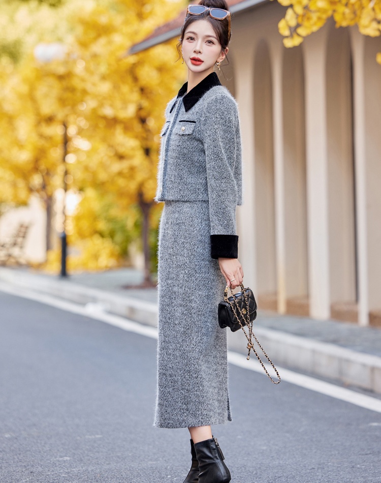 France style lapel jacket winter long skirt 2pcs set