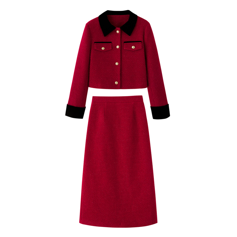 France style lapel jacket winter long skirt 2pcs set