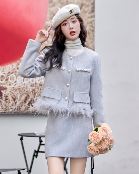 Woolen chanelstyle short skirt winter tops 2pcs set for women