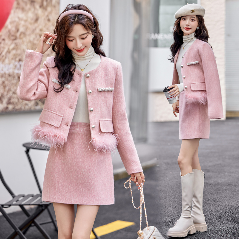 Woolen chanelstyle short skirt winter tops 2pcs set for women