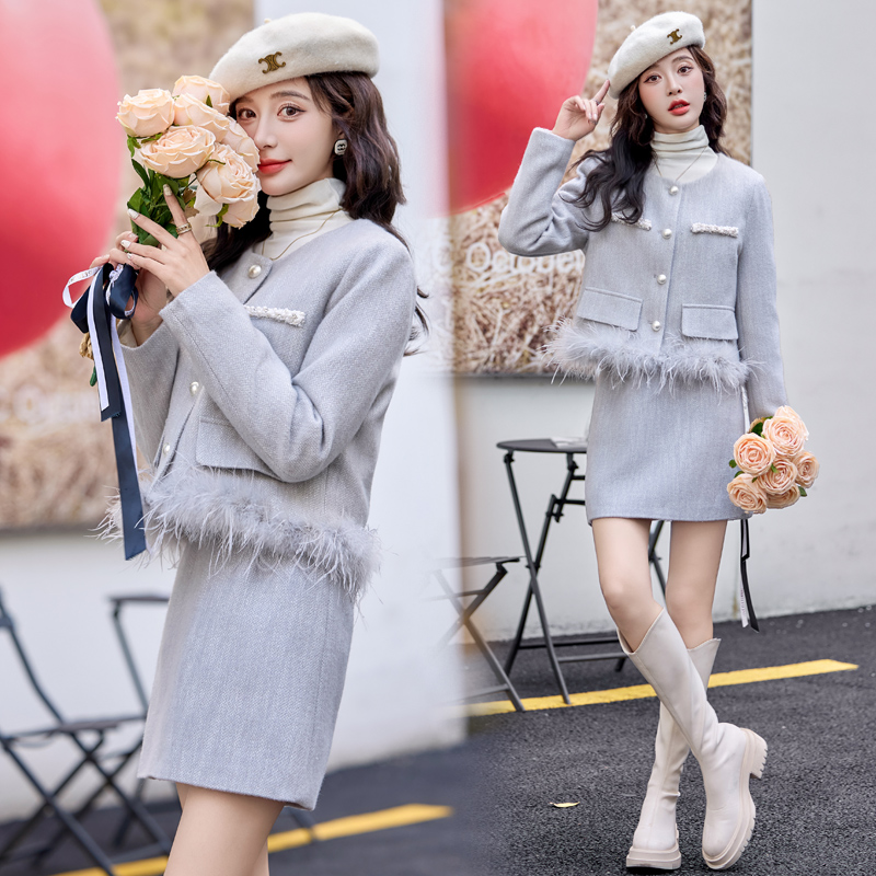 Woolen chanelstyle short skirt winter tops 2pcs set for women