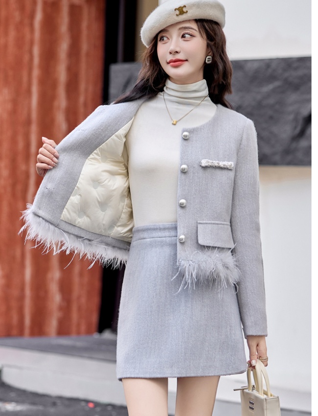 Woolen chanelstyle short skirt winter tops 2pcs set for women