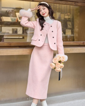 Pink down temperament fox fur skirt 2pcs set for women
