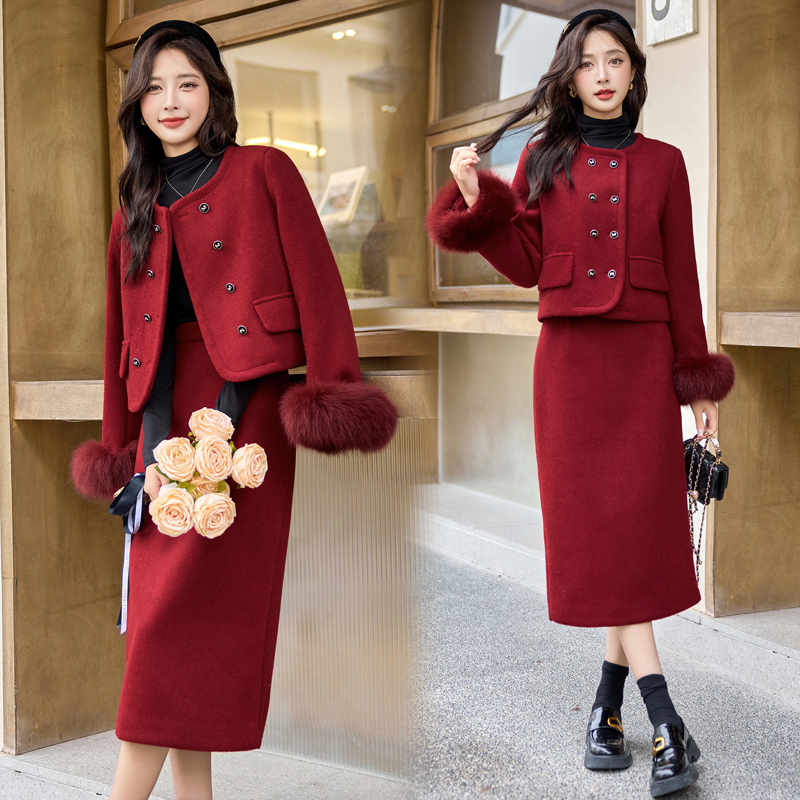 Pink down temperament fox fur skirt 2pcs set for women