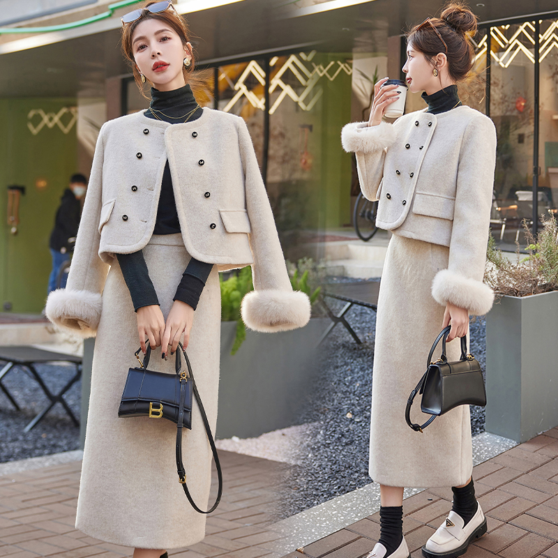 Pink down temperament fox fur skirt 2pcs set for women