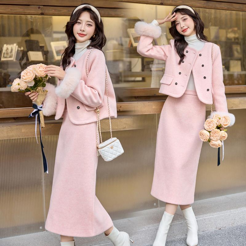 Pink down temperament fox fur skirt 2pcs set for women