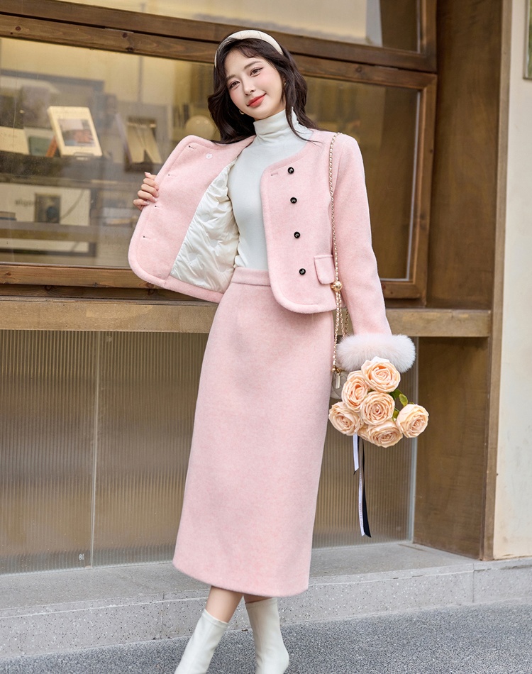 Pink down temperament fox fur skirt 2pcs set for women