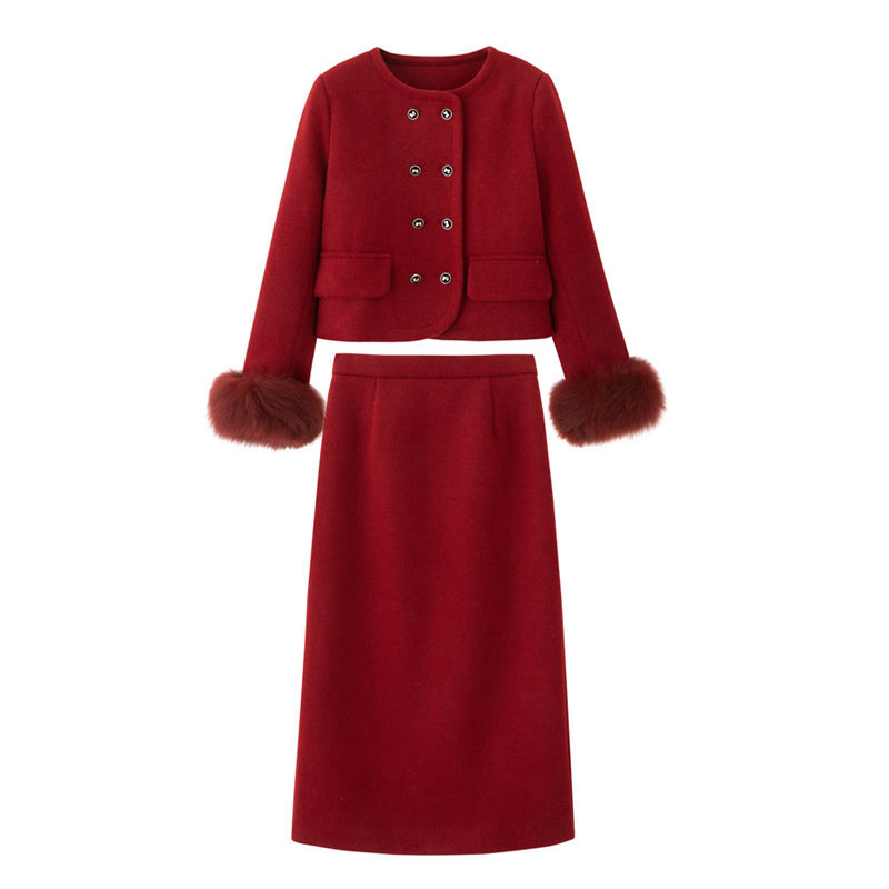 Pink down temperament fox fur skirt 2pcs set for women