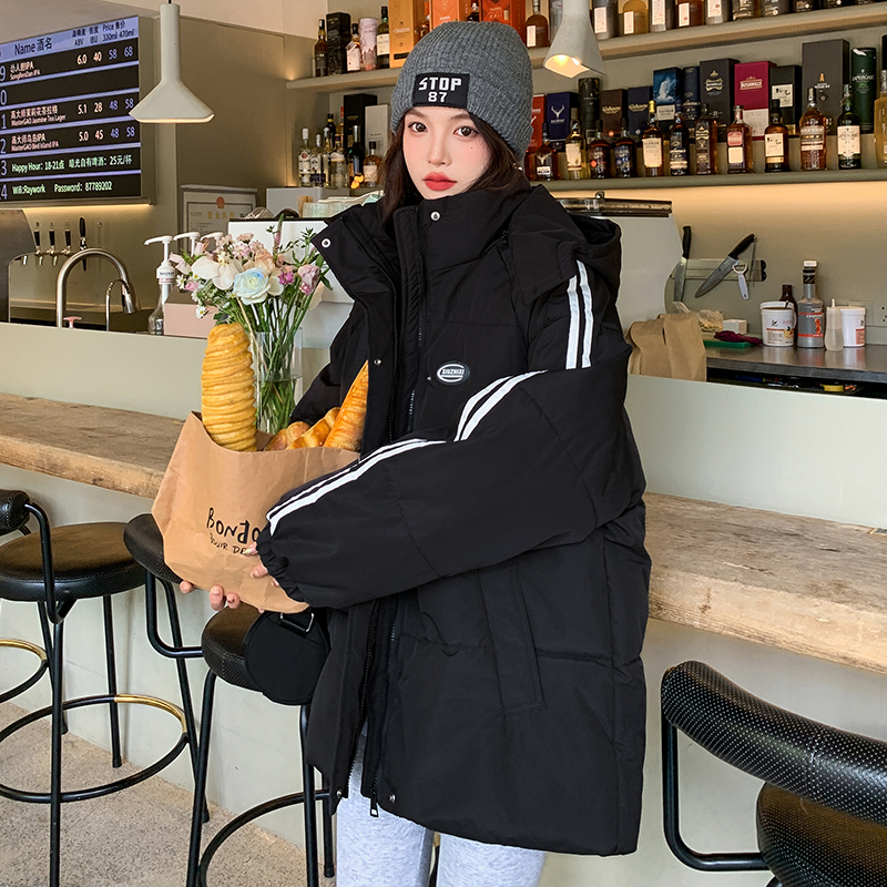 All-match winter down black thick hooded cotton coat for women