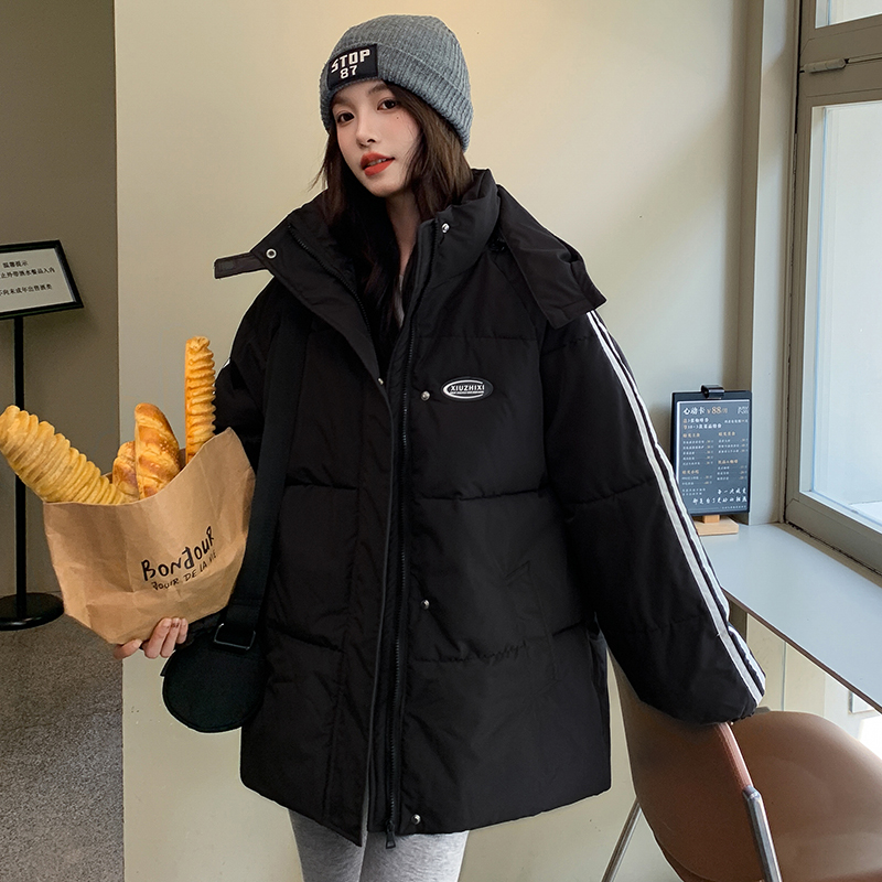 All-match winter down black thick hooded cotton coat for women