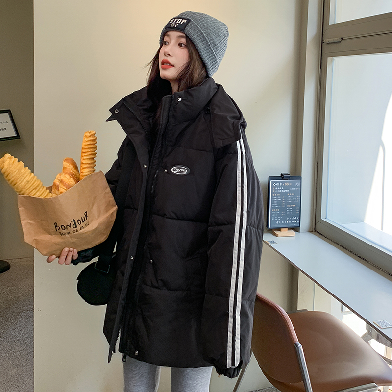 All-match winter down black thick hooded cotton coat for women