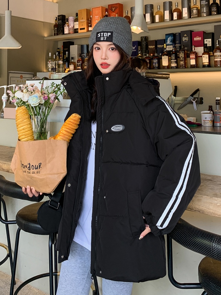 All-match winter down black thick hooded cotton coat for women