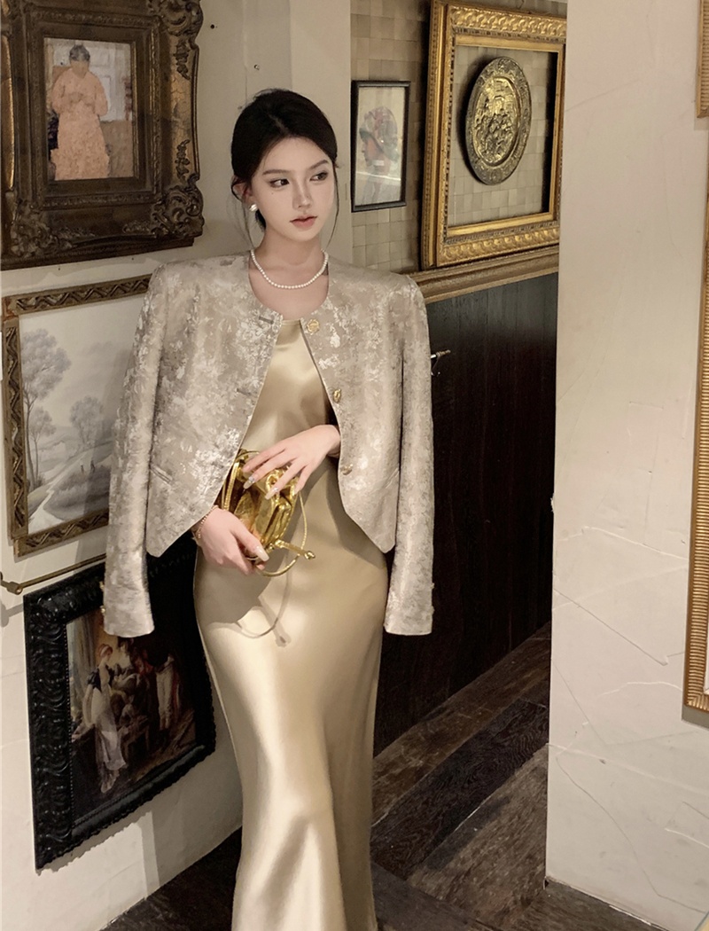 Sling chanelstyle coat satin dress a set for women