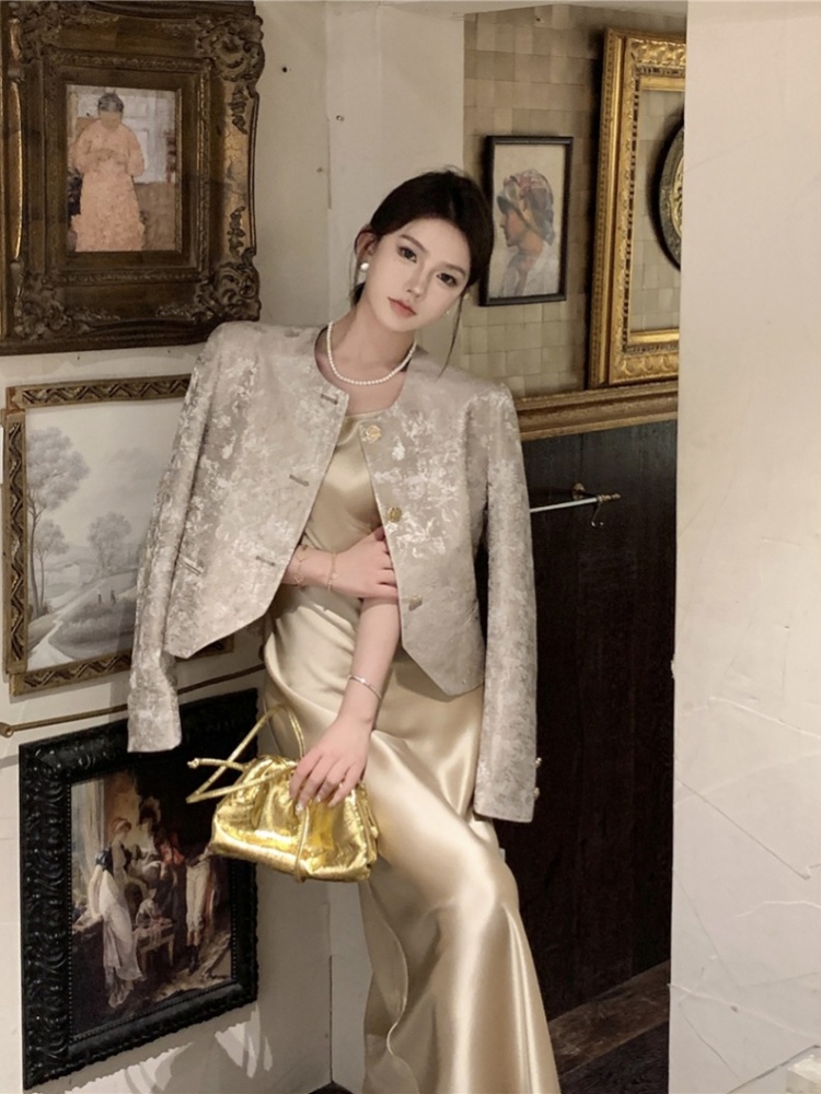 Sling chanelstyle coat satin dress a set for women