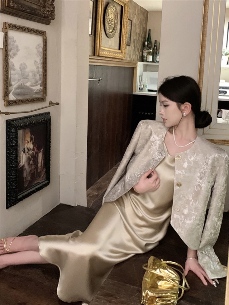 Sling chanelstyle coat satin dress a set for women