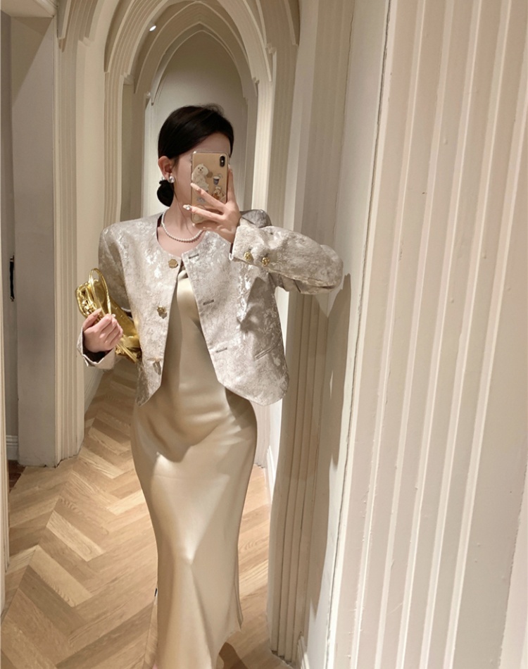 Sling chanelstyle coat satin dress a set for women