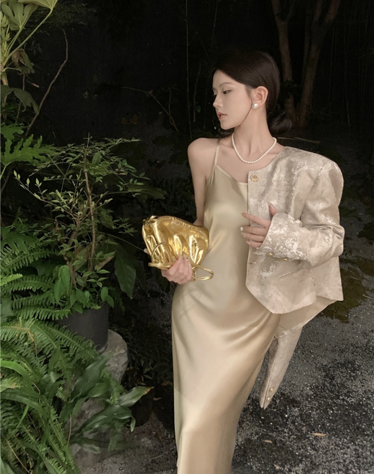 Sling chanelstyle coat satin dress a set for women