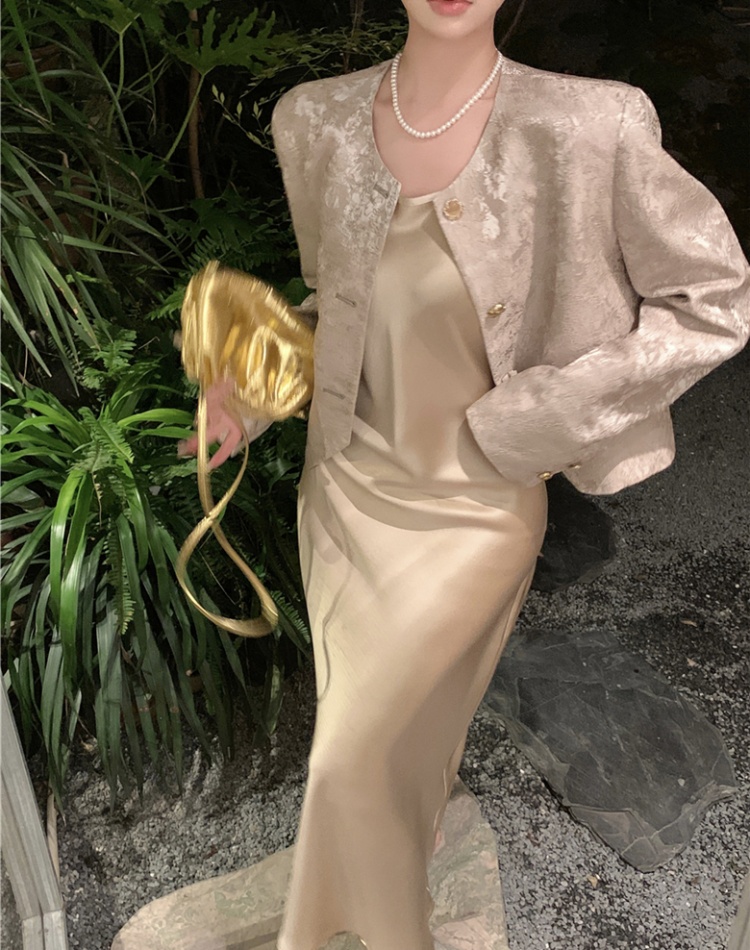 Sling chanelstyle coat satin dress a set for women