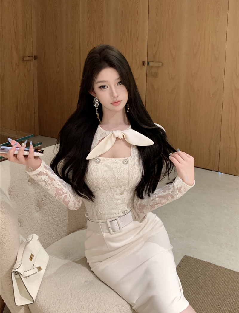 Retro tops slim one step skirt a set for women