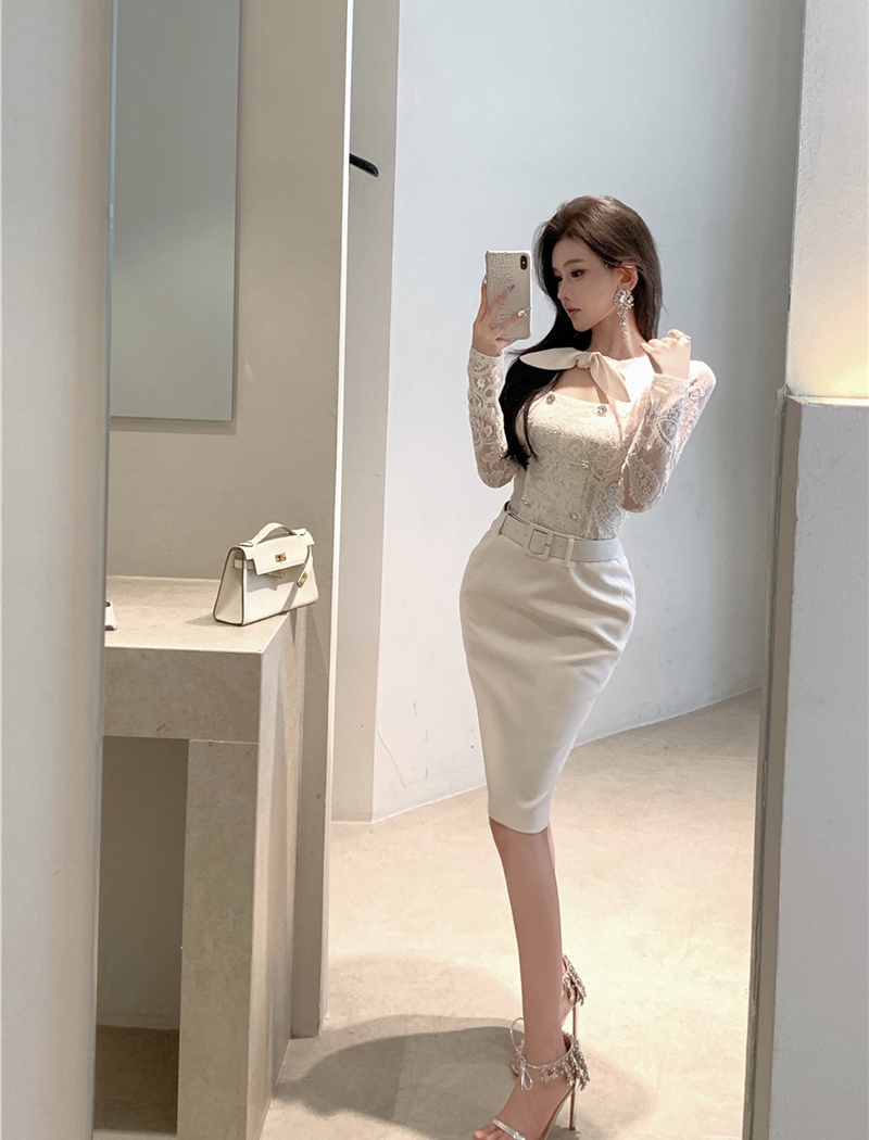Retro tops slim one step skirt a set for women