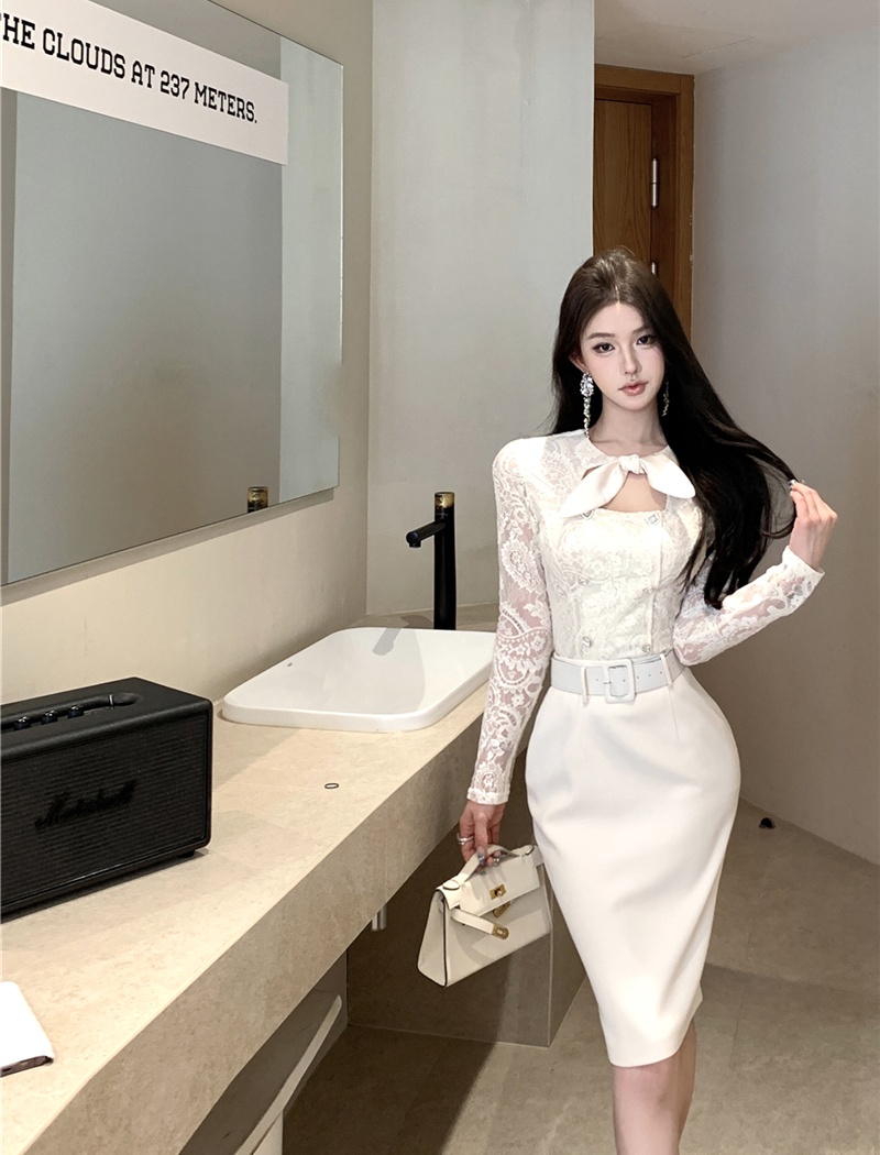 Retro tops slim one step skirt a set for women