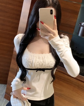 Bow splice sexy T-shirt knitted lace autumn tops for women