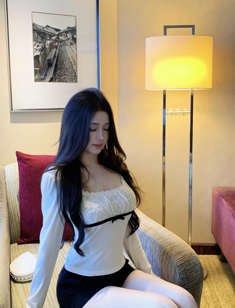 Bow splice sexy T-shirt knitted lace autumn tops for women