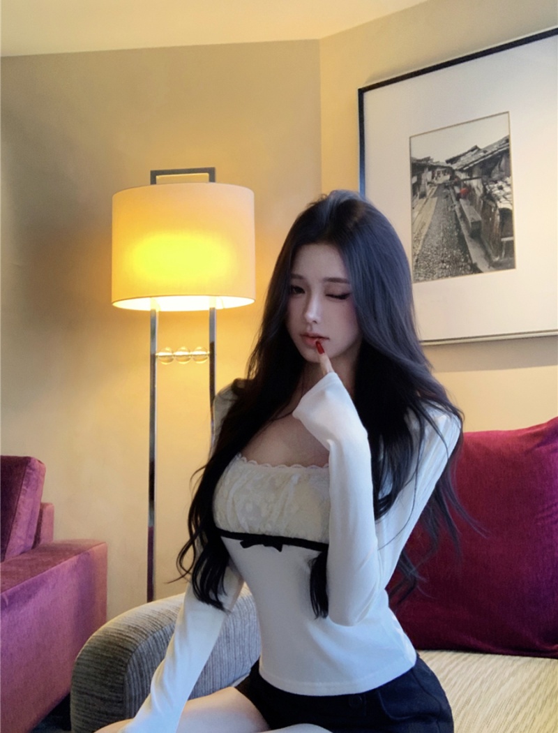 Bow splice sexy T-shirt knitted lace autumn tops for women
