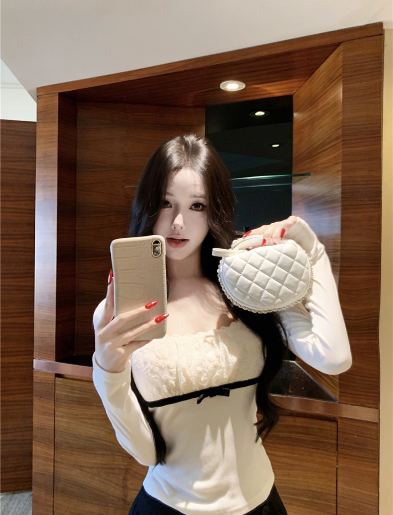 Bow splice sexy T-shirt knitted lace autumn tops for women