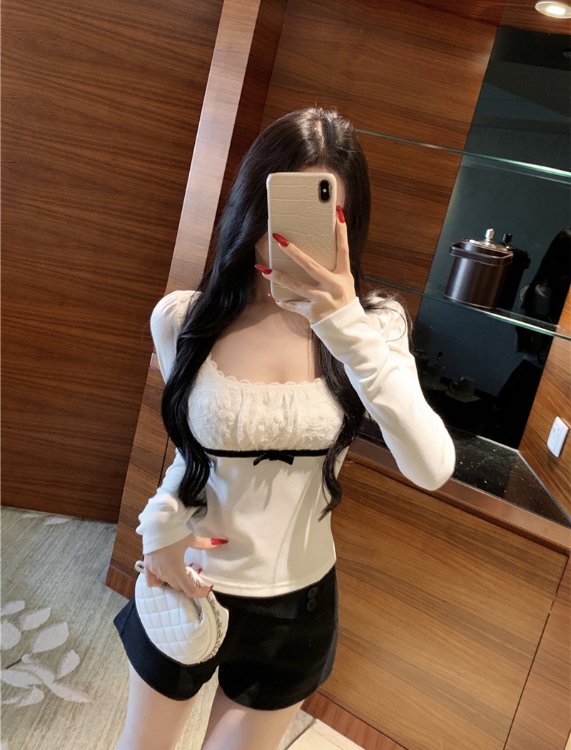 Bow splice sexy T-shirt knitted lace autumn tops for women