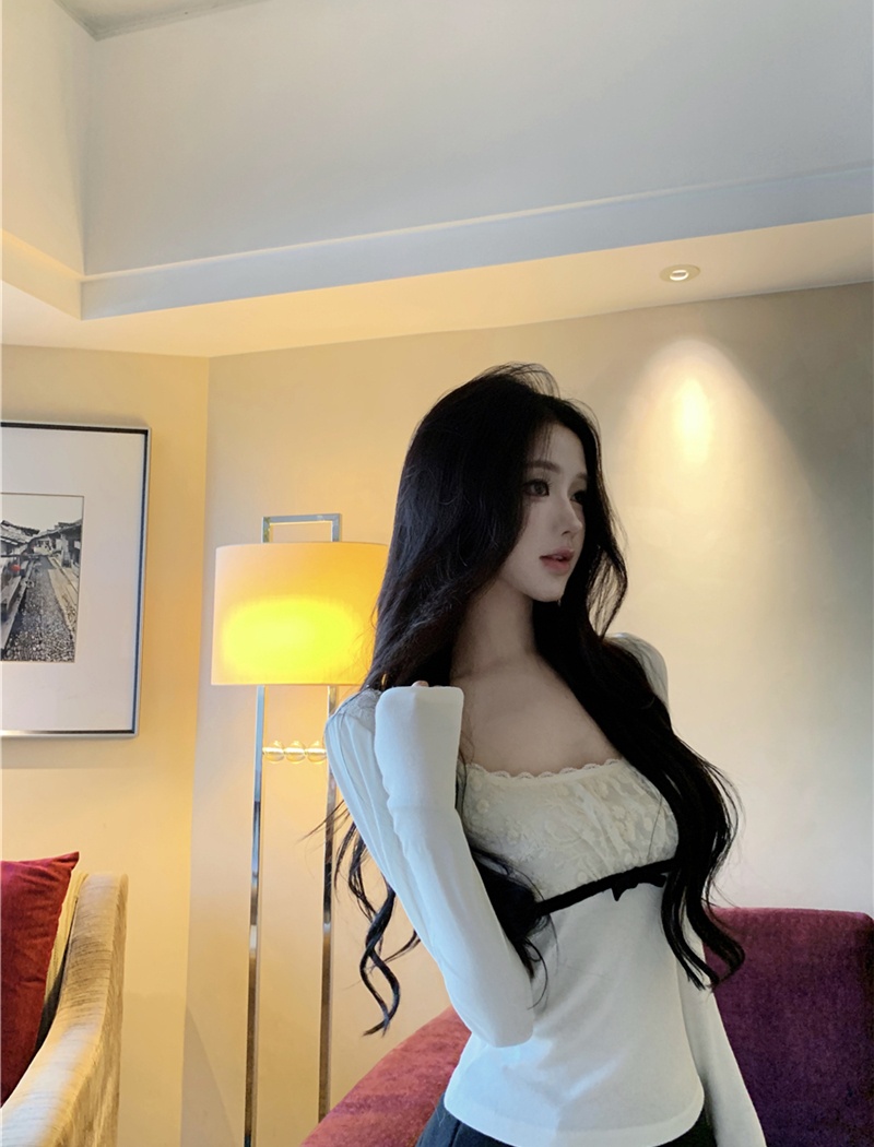 Bow splice sexy T-shirt knitted lace autumn tops for women