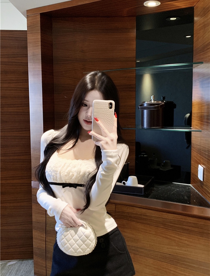 Bow splice sexy T-shirt knitted lace autumn tops for women
