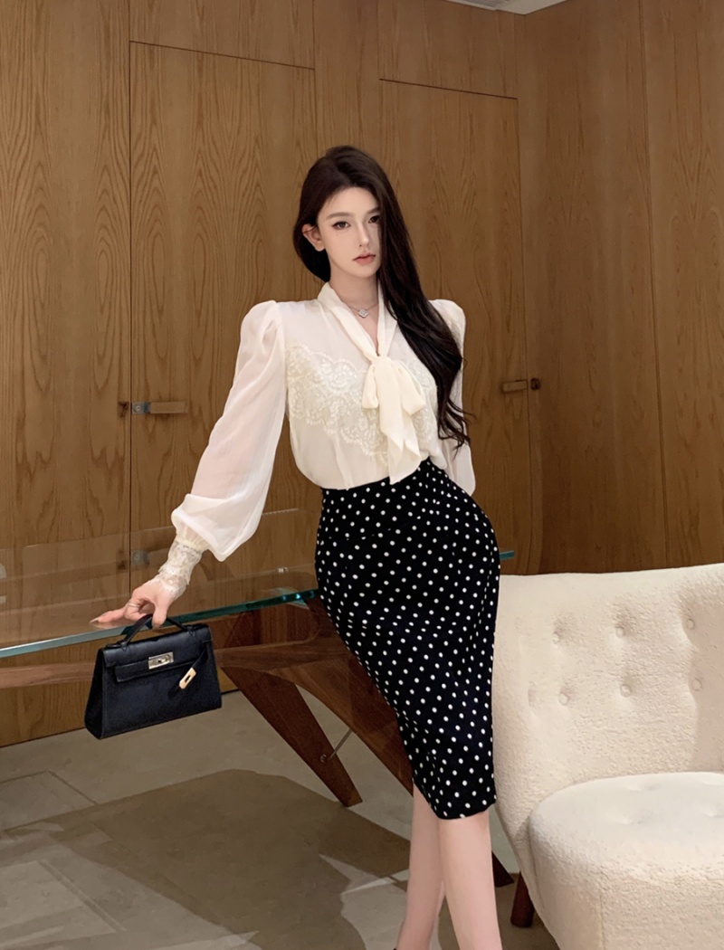 Temperament package hip skirt bow splice shirt for women