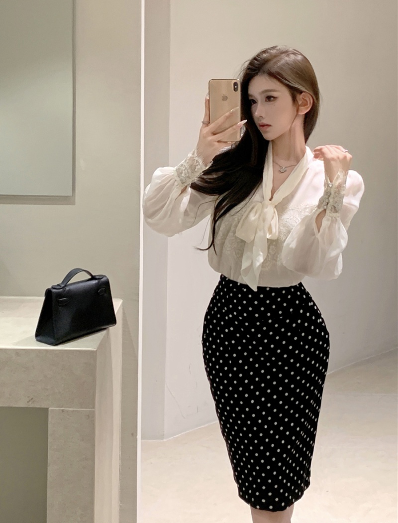 Temperament package hip skirt bow splice shirt for women